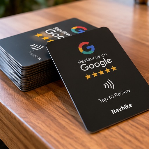 Photorealistic Revhike NFC Google Review card product visual