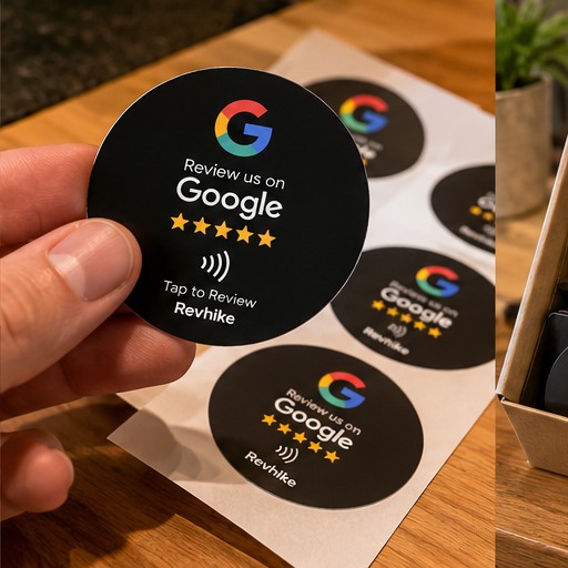 Photorealistic Revhike NFC Google Review sticker product visual