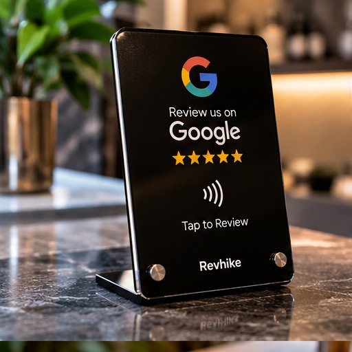 Photorealistic Revhike NFC Google Review stand product visual