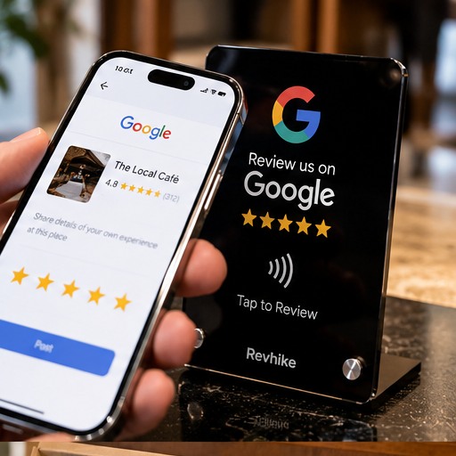 Revhike black NFC Google Review counter stand beside smartphone